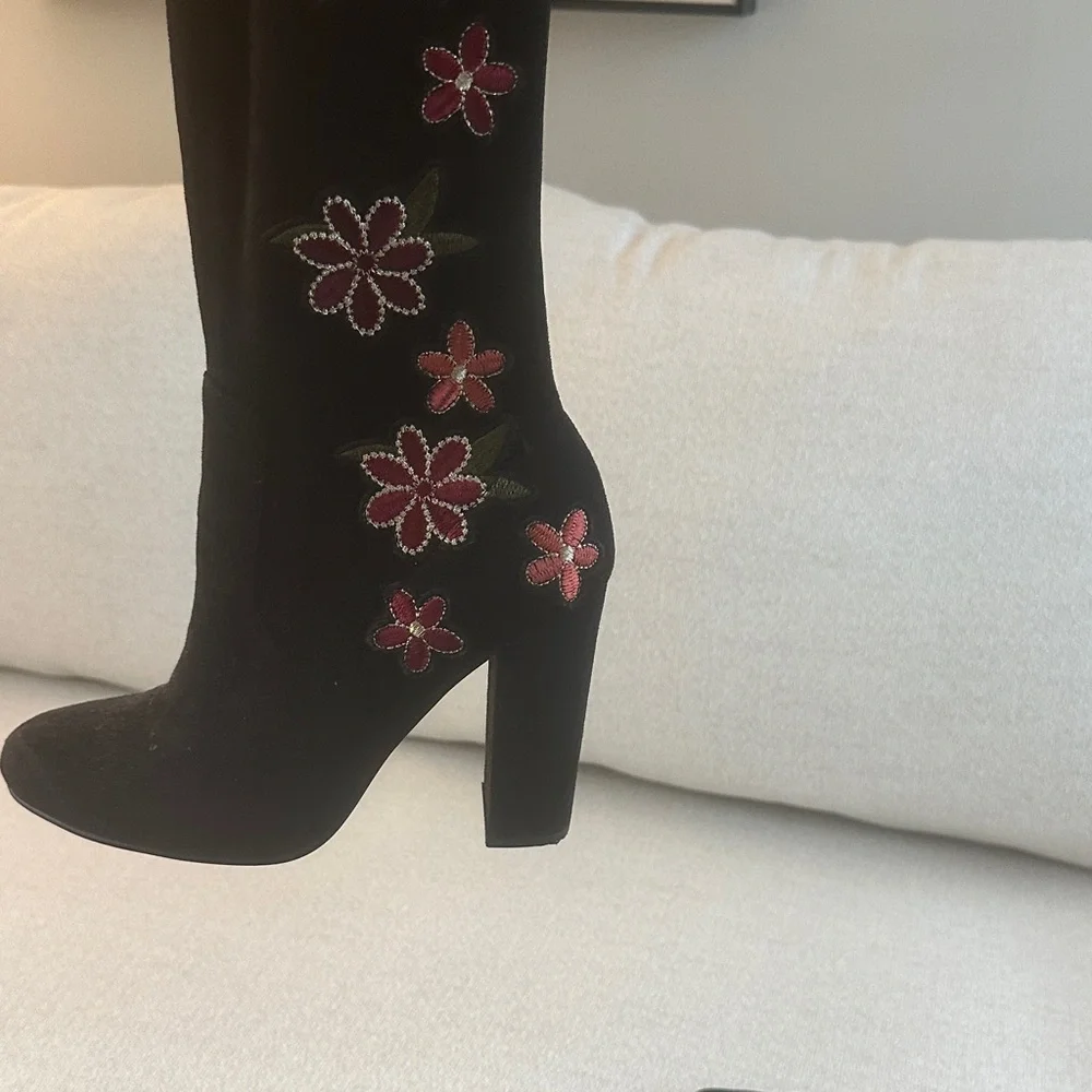 Black Over-the-Knee Boots with Pink Floral Embroidery